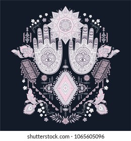 Ethnic hamsa fatima hand set. Vector ethnic henna tattoo style. Can be used for textile, greeting business card background, coloring book, phone case print
