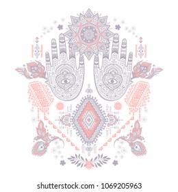 Ethnic hamsa fatima hand set. Vector ethnic henna tattoo style. Can be used for textile, greeting business card background, coloring book, phone case print
