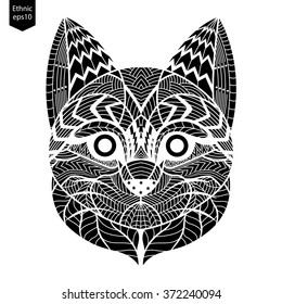 Ethnic: Hand drawing cat face for color book, artist work, ethnic pattern.