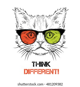 Ethnic hand drawing head of cat in the colored glasses. It can be used for print, posters, t-shirts. Vector illustration