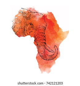 Ethnic hand drawing head of elephant in the vector map of Africa. Vector illustration. Abstract Background with Watercolor Stains