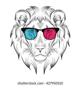 Ethnic hand drawing head of lion in the colored glasses. It can be used for print, posters, t-shirts. Vector illustration