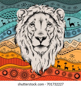 Ethnic hand drawing  head of lion on African hand-drawn ethno pattern. totem / tattoo design. Use for print, posters, t-shirts. Vector illustration