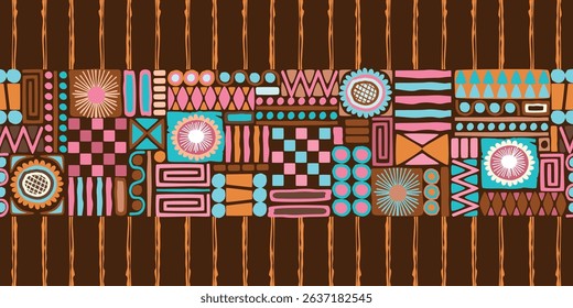 Ethnic hand drawn border and seamless pattern of jagged lines. Geometric background in brown, pink and blue colors. Print on fabric and paper. Vector design for textile, banner, wallpaper.