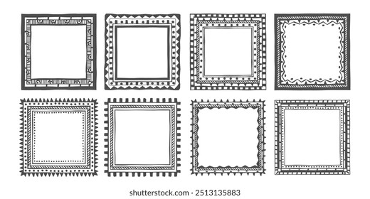 Ethnic hand drawn geometric frames.Decorative frames from geometrical shapes.Boho, scandinavian elements.Isolated vector set
