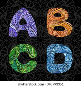 Ethnic hand drawn letters. Zendoodle style vector graphic.