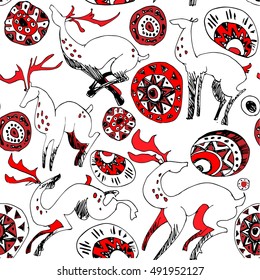 Ethnic hand drawn pattern with black and white deers, abstract ornament