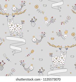 ETHNIC HAND DRAWN SEAMLESS PATTERN WITH CARTOON DEER, BIRDS AND FLOWERS. GREY BACKGROUD.