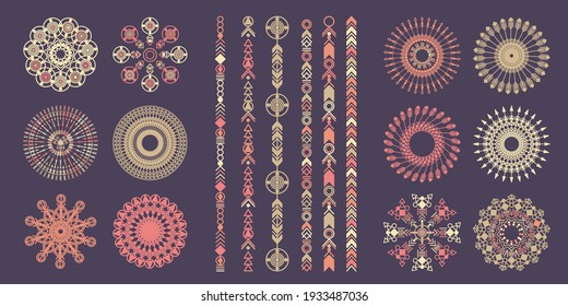 Ethnic hand drawn vector line border set. Boho fashion style pattern. Vector design elements.