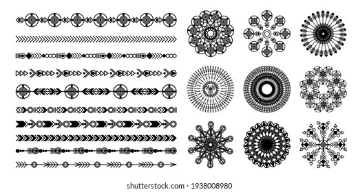 Ethnic hand drawn vector line border set. Boho fashion style pattern. Vector design elements.