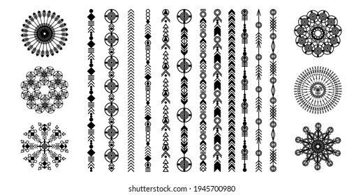 Ethnische, handgezeichnete Vektorliniengrenzsatz. Boho Mode-Muster. Vektordesign-Elemente.