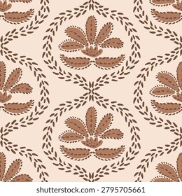 Ethnic hand painted boho flowers and leaves arranged as a floral ogee trellis in colors of brown and cream. Bohemian botanical seamless vector pattern. Great for home decor, fabric, wallpaper, gift wrap, stationery, packaging design projects.