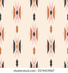 Ethnic hand painted geometric motif in a neutral color palette of yellow, pink and black on off white background. Beautiful seamless vector pattern. Great for home decor, fabric, wallpaper, gift wrap.