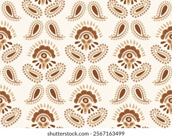 Ethnic hand painted paisley motif in a neutral subtle palette of dark brown, tan brown and beige on off white background. A seamless vector pattern. Great for home decor, fabric, wallpaper, gift wrap.