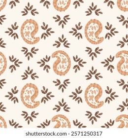 Ethnic hand painted paisley motif with leaves in diamond shapes in a subtle palette of cream, brown and peach on off white background. A seamless vector pattern. Great for homedecor, fabric, wallpaper