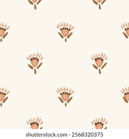 Ethnic hand painted small tribal flowers in a neutral color palette of dark brown, light brown and cream on off white background. Beautiful ethnic seamless vector pattern. Great for home decor, fabric