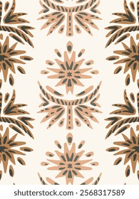 Ethnic hand painted tribal motifs in neutral color palette of brown, cream and grey on off white background. Beautiful ethnic seamless vector pattern. Great for home decor, fabric, wallpaper, giftwrap