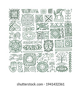 Ethnic handmade ornament, Folk Nordic Symbols. Art background for your design