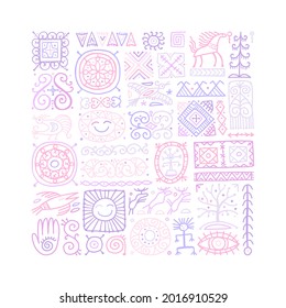 Ethnic handmade ornament, Folk Nordic Symbols. Art background for your design