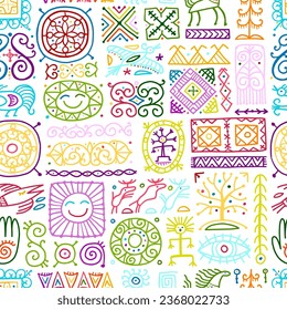 Ethnic handmade ornament, Folk Nordic Symbols. Seamless pattern for your design