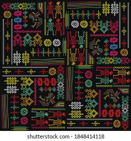 Comodidad étnica hecha a mano, diseño de patrones sin fisuras a todo color.
Patrón sin foco con ornamento étnico y tribal.