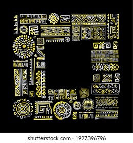 Ethnic handmade square frame, seamless pattern, Trend Pantone color 2021 - yellow and grey. Vector illustration