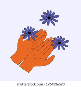 ethnic hands with flowers.African American woman's palms.Hippie funky 60s and 70s styleTattoo template.Summer sticker.Girl power summer time.Postcard hand with chamomile.pick flowers with manicure