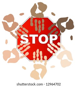 ethnische Hände oben auf dem Stoppschild - Konzept - Schluss mit Rassismus - Vektorgrafik
