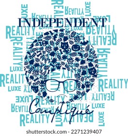 ethnic head print pattern with glasses consisting of colorful texts white background