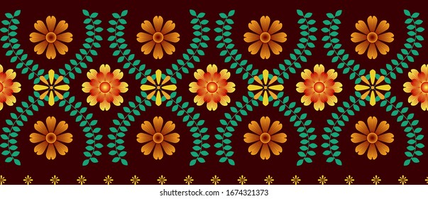 Ethnic herbal pattern of flowers and branches. Brown, red, orange, green colors on dark background.