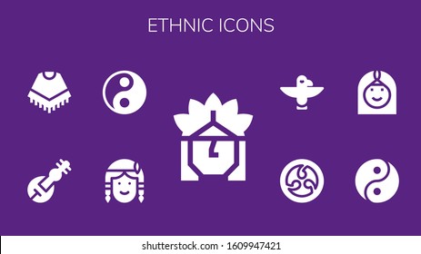 ethnic icon set. 9 filled ethnic icons.  Simple modern icons such as: Indian, Native american, Yin yang, Veena, Poncho, Arab woman, Kamon, Totem