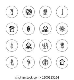 Ethnic icon set. collection of 16 outline ethnic icons with ancient aliens, cheongsam, dulcimer, dreamcatcher, didgeridoo, eskimo, indian, native american, ritual icons.