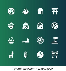 ethnic icon set. Collection of 16 filled ethnic icons included Torii, Yin yang, Dreamcatcher, Alpaca, Savannah, Pagan, Indian, Sandesh, Arab woman, Arab man, Mariachi, Turban