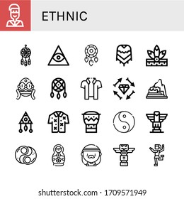 ethnic icon set. Collection of Native american, Dreamcatcher, Freemasonry, Poncho, Hawaiian, Boho, Machu picchu, Bongo, Ying yang, Totem, Yin yang, Matryoshka doll icons