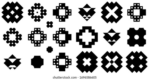 Ethnic icons collection. Signs, crests set. Tribal shapes. Folk figures. Geometric forms kit. Geometrical symbols. Elements for design, social media stories, blogs, brand identity. Vectors bundle.