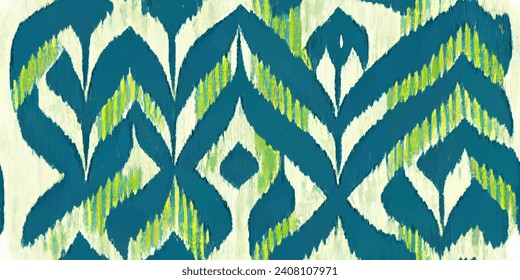 Antecedentes abstractos de Ikat étnico. Tribus étnicas Ikat, tapicería sin fisuras de colores boho. Motif étnico hecho a mano sin costura. Ilustración para tarjetas de felicitación, impresión y otro proyecto de diseño.