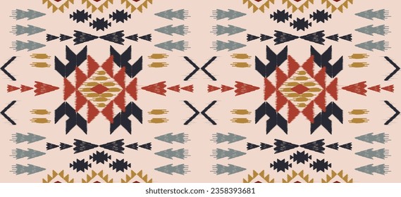 Ethnic ikat art. ikat pattern in tribal, Embroidery Mexican style. Aztec geometric art ornament print.Design for carpet, wallpaper, clothing, wrapping, fabric, cover, textile. orange black background.