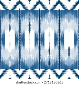 Hilados de tinte de rectángulo azul ikat étnico que teje el patrón sin fisuras. Vector dibujado a mano bordado bohemio, abstracto cuadrado geográfico arte tela ikat textil material diseño para Fondo de pantalla de ropa, alfombra