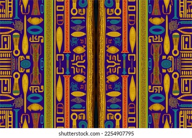 Ethnic ikat egyptian hieroglyphs pattern. Abstract traditional folk antique tribal graphic line. Texture textile fabric ethnic egyptian patterns vector. Ornate elegant luxury vintage retro style.