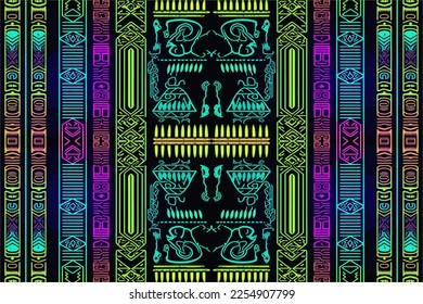 Ethnic ikat egyptian hieroglyphs pattern glow in the dark background. Abstract traditional folk antique tribal graphic line ornate elegant luxury. Texture textile fabric egyptian patterns vector.