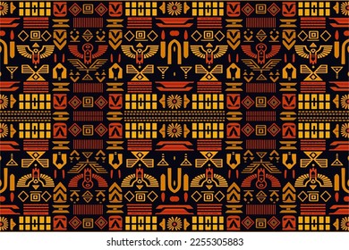 Ethnic ikat egyptian hieroglyphs pattern. Abstract traditional folk antique tribal graphic line. Texture textile fabric ethnic egyptian patterns vector. Ornate elegant luxury vintage retro style.