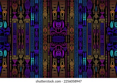 Ethnic ikat egyptian hieroglyphs pattern glow in the dark background. Abstract traditional folk antique tribal graphic line ornate elegant luxury. Texture textile fabric egyptian patterns vector.