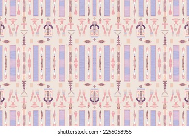 Ethnic ikat egyptian hieroglyphs pattern pastel color. Abstract traditional folk antique tribal graphic line ornate elegant luxury vintage retro. Texture textile fabric ethnic egyptian patterns vector