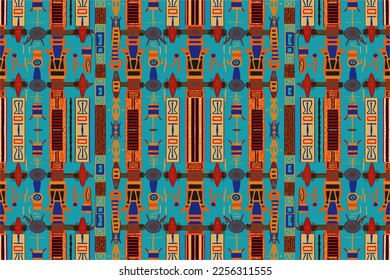 Ethnic ikat egyptian hieroglyphs pattern. Abstract traditional folk antique tribal graphic line. Texture textile fabric ethnic egyptian patterns vector. Ornate elegant luxury vintage retro style.