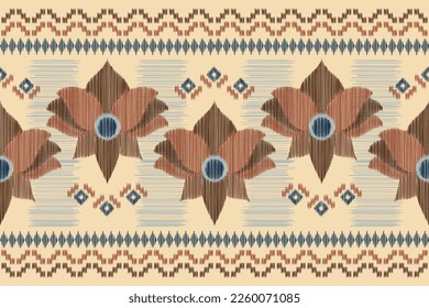 Ethnic Ikat fabric flowers pattern geometric style.African Ikat embroidery flower Ethnic oriental brown cream background. Abstract,vector,illustration.Texture,clothing,wrapping,decoration,carpet.