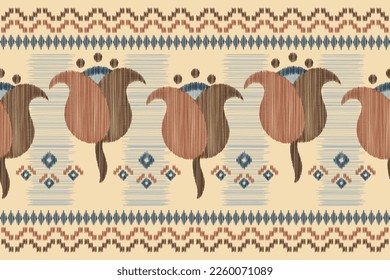 Flores de tela de Ikat étnica patrón de estilo geométrico. Flor de bordado de Ikat africano. Fondo étnico oriental de crema marrón. Resumen,vector,ilustración.Textura,ropa,envoltura,decoración,alfombra.