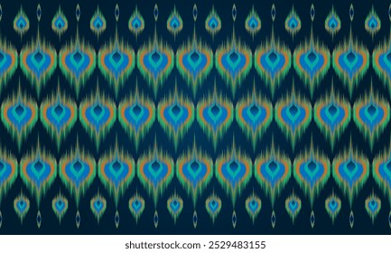 Ethnic ikat fabric pattern design Blue gradient background with peacock tail pattern for printing on fashion fabrics, carpets, curtains, wallpaper or other accessories.