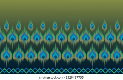 Ethnic Ikat Fabric Pattern Design, Green Gradient Background with Peacock Feather Pattern for Printing on Fabric, Fashion, Carpet, Curtain, Wallpaper or Other Decoration.