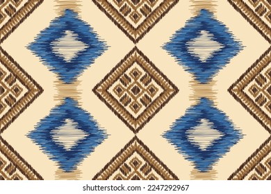Estilo geométrico del patrón de tela de Ikat de origen étnico. bordado de ikat de origen africano Patrón étnico oriental color crema marrón blanco. Resumen,vector,ilustración. Para textura, ropa, envoltura, decoración, alfombra.