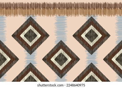 Estilo geométrico del patrón de tela de Ikat de origen étnico. bordado de ikat de origen africano Patrón étnico oriental color crema marrón blanco. Resumen,vector,ilustración. Para textura, ropa, envoltura, decoración, alfombra.